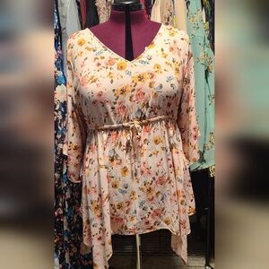 Torrid Floral V-Neck Blouse - Cream and Orange